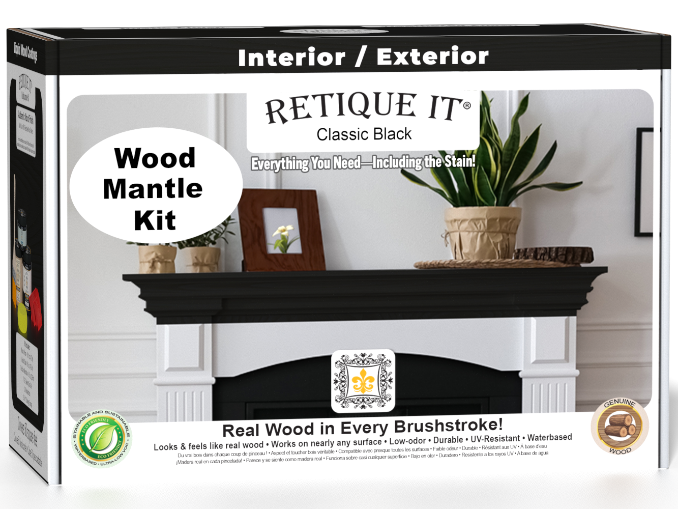 Retique It® Fireplace Mantel Wood'n Finish Kit in Classic Black, stain set with wood finish for fireplace mantels, shown in box packaging.