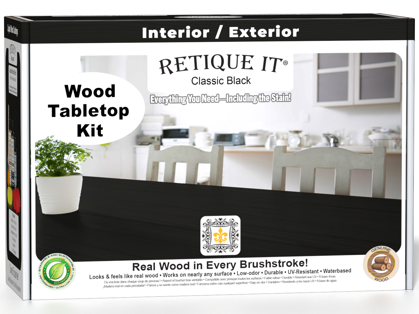 Retique It® Wood'n Finish Kit in Classic Black for tabletops, featuring stain bottles and application tools in a box.