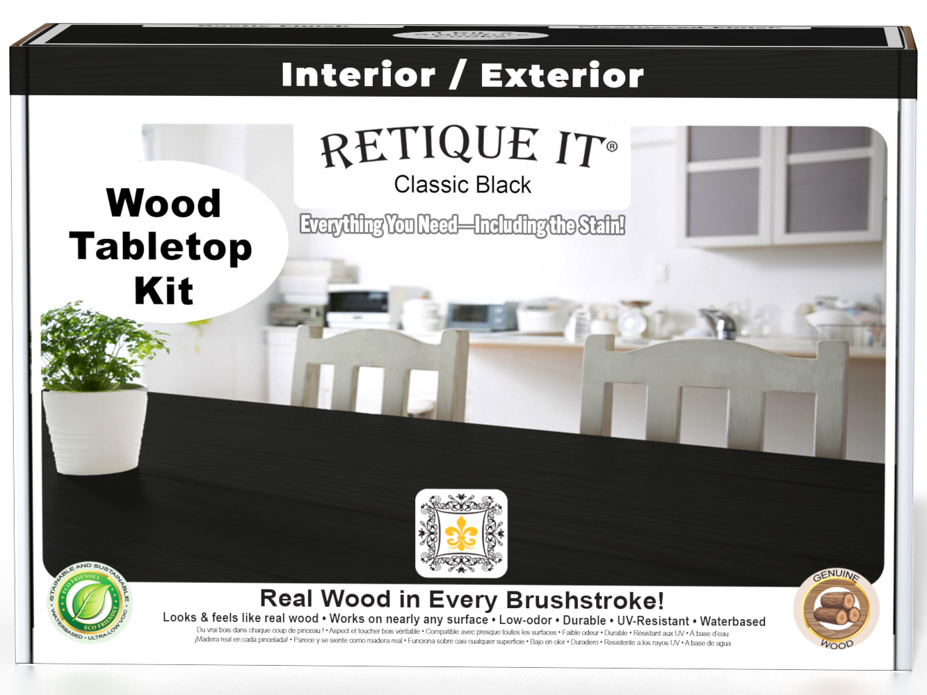 Retique It® Wood'n Finish Kit in Classic Black for tabletops, featuring stain bottles and application tools in a compact box.