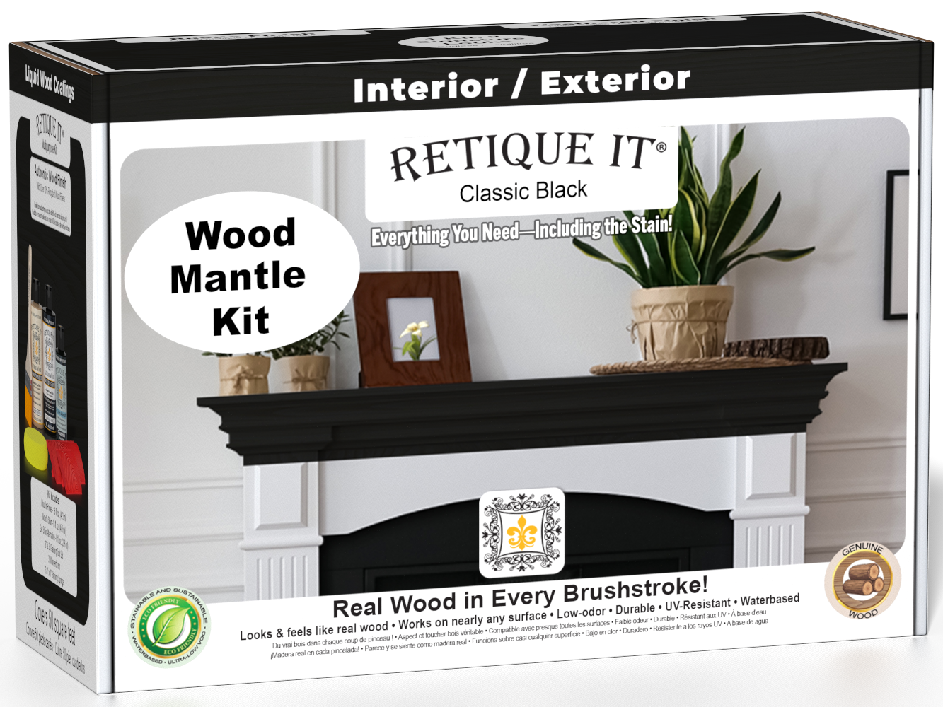 Retique It® Fireplace Mantel Wood'n Finish Kit in Classic Black, stain set with wood finish products for mantel customization.