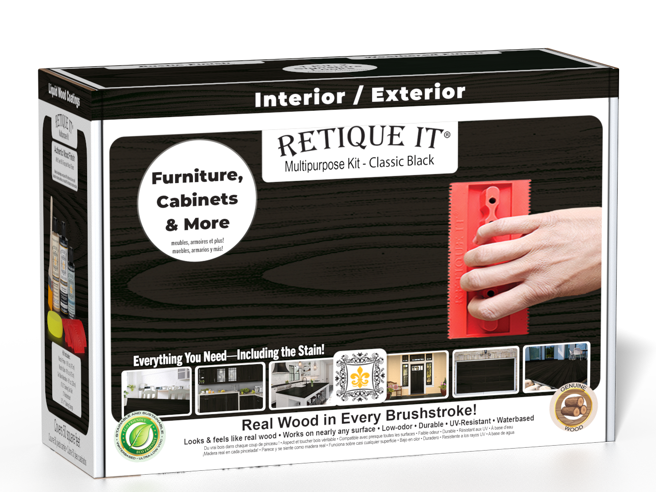 Retique It® Wood'n Finish Kit in Classic Black for exterior wood surfaces, includes top coat and application tools in a box.