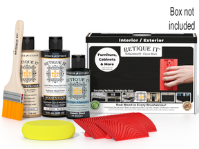 Retique It furniture care product set with bottles, a brush, and packaging on a white background.