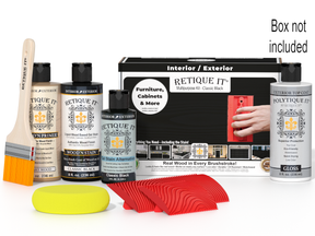 Retique It furniture care product set with bottles, a brush, and a box on a white background.