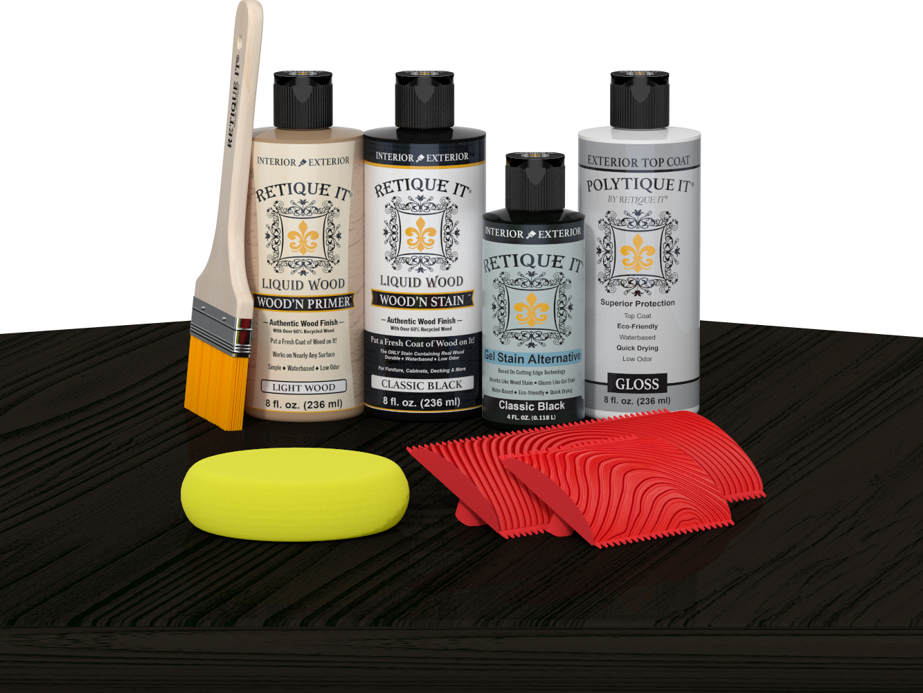 Retique It® Wood'n Finish Kit in Classic Black for exterior wood projects, showing the kit components on a table.
