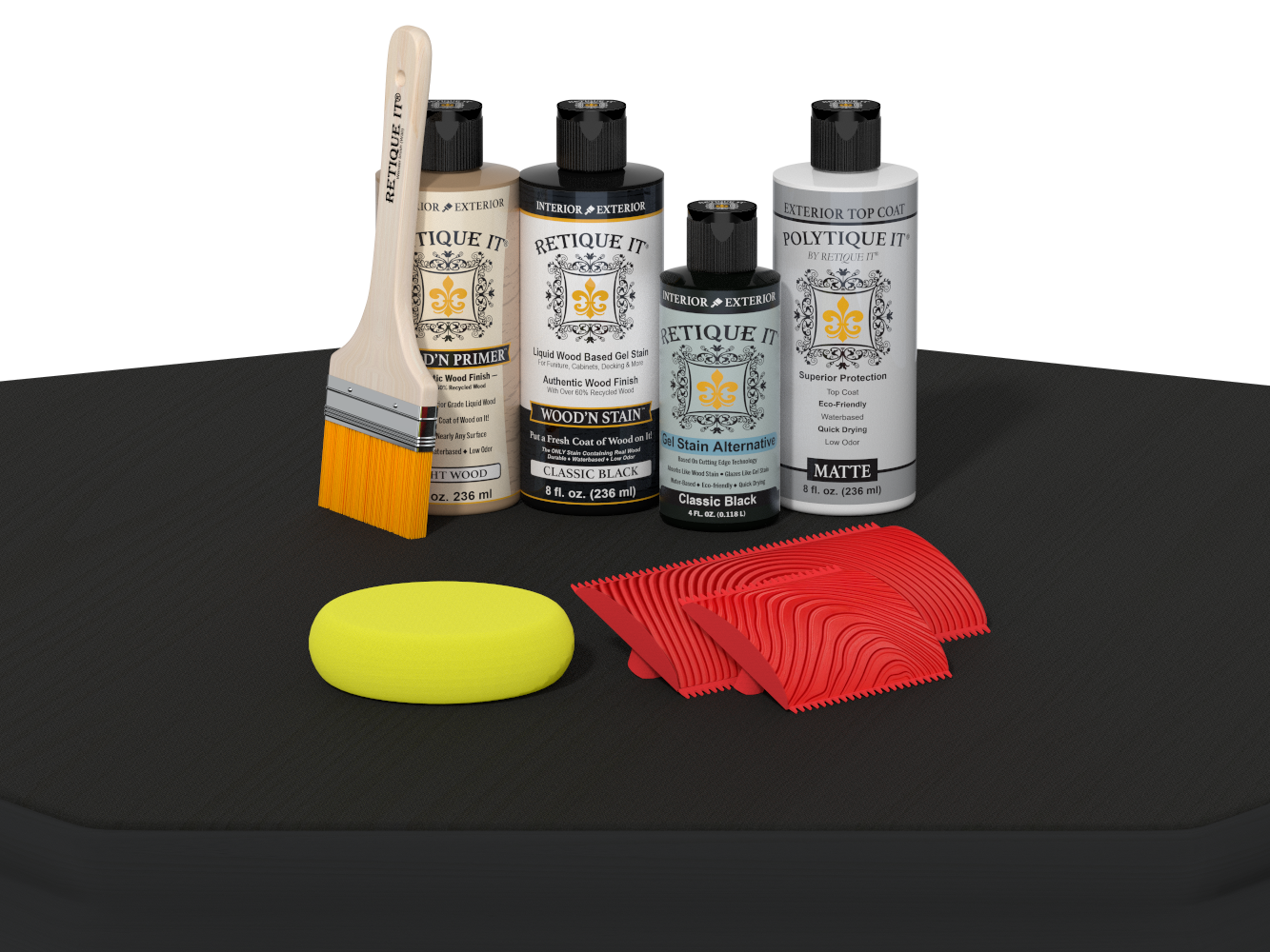 Set of automotive care products including bottles, a brush, and cloths on a black surface.