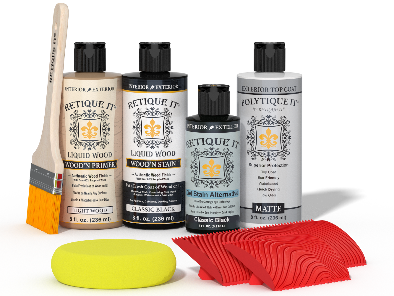 Retique It® Wood'n Finish Kit in Classic Black for exterior top coat, showing wood surface with black finish and application tools.