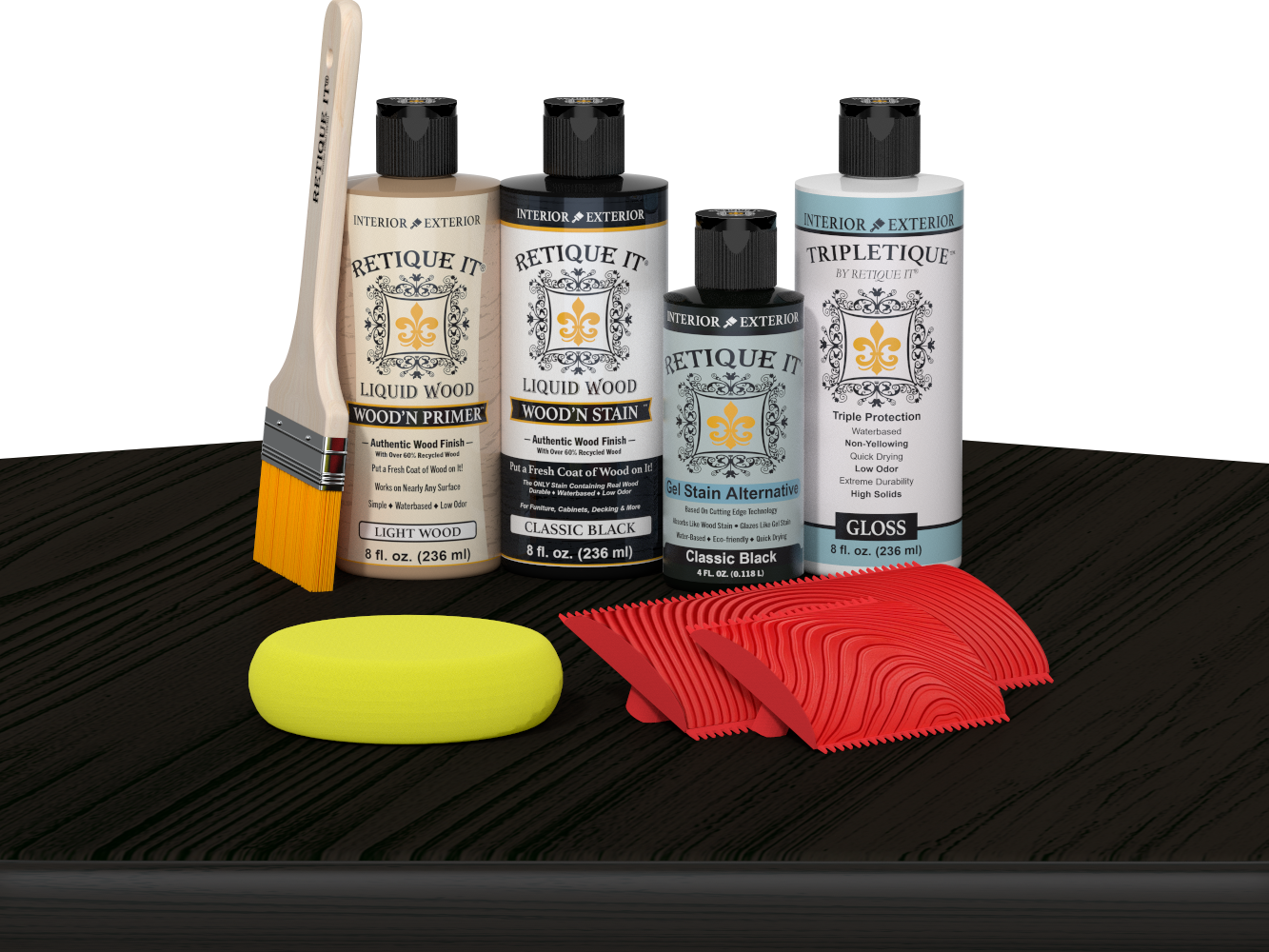 Retique It® Wood'n Finish Kit in Classic Black for tabletop staining, includes stain and finishing supplies on a wooden surface.