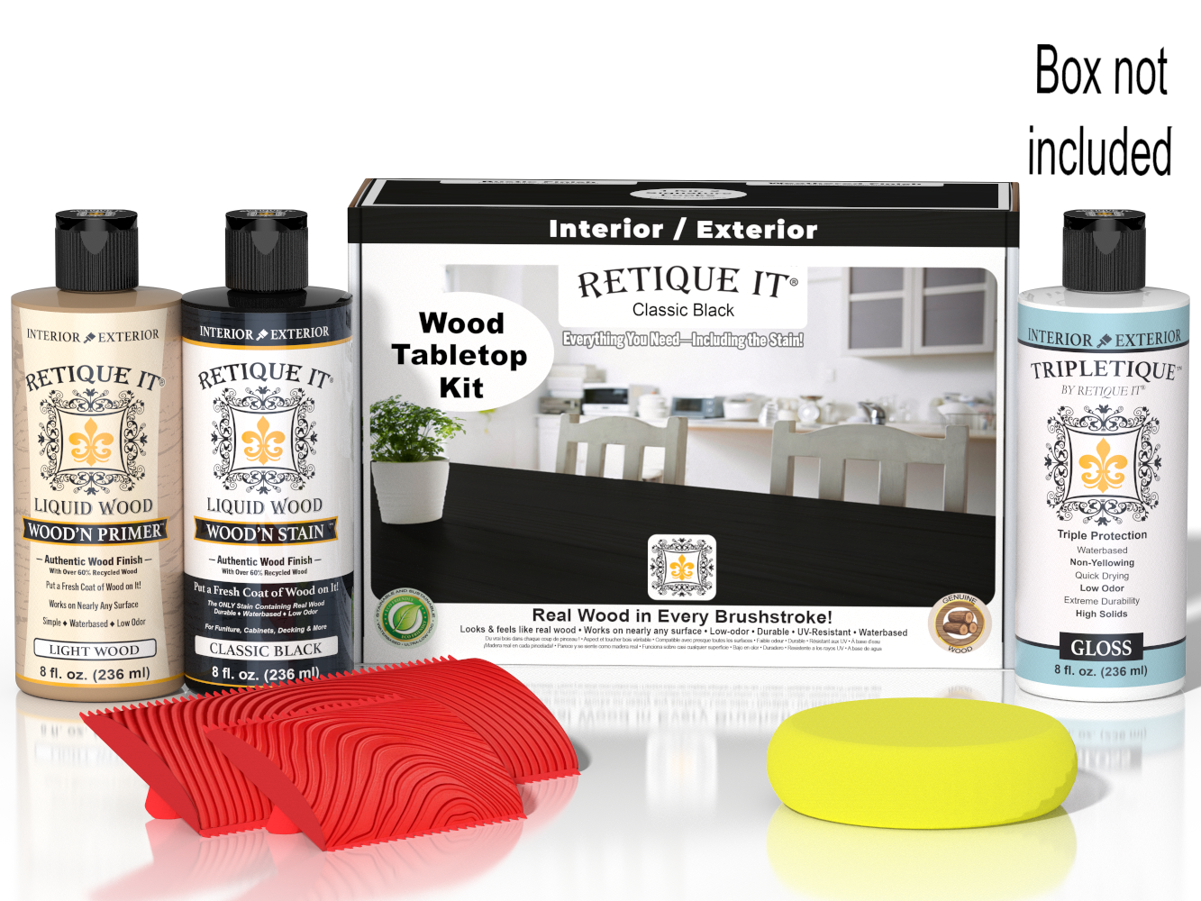 Retique It® Wood'n Finish Kit in Classic Black for tabletops, includes stain and application tools, with packaging visible.