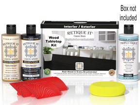 Retique It® Wood'n Finish Kit in Classic Black for tabletops, includes stain and application tools, with packaging visible.