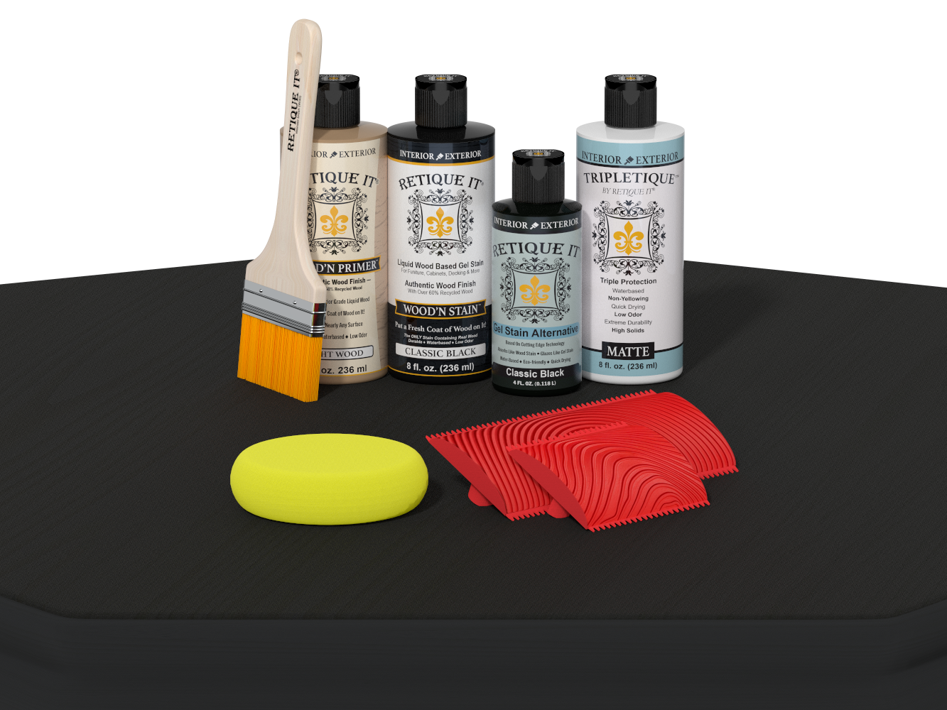 Set of car care products including bottles, a brush, and cloths on a black surface.