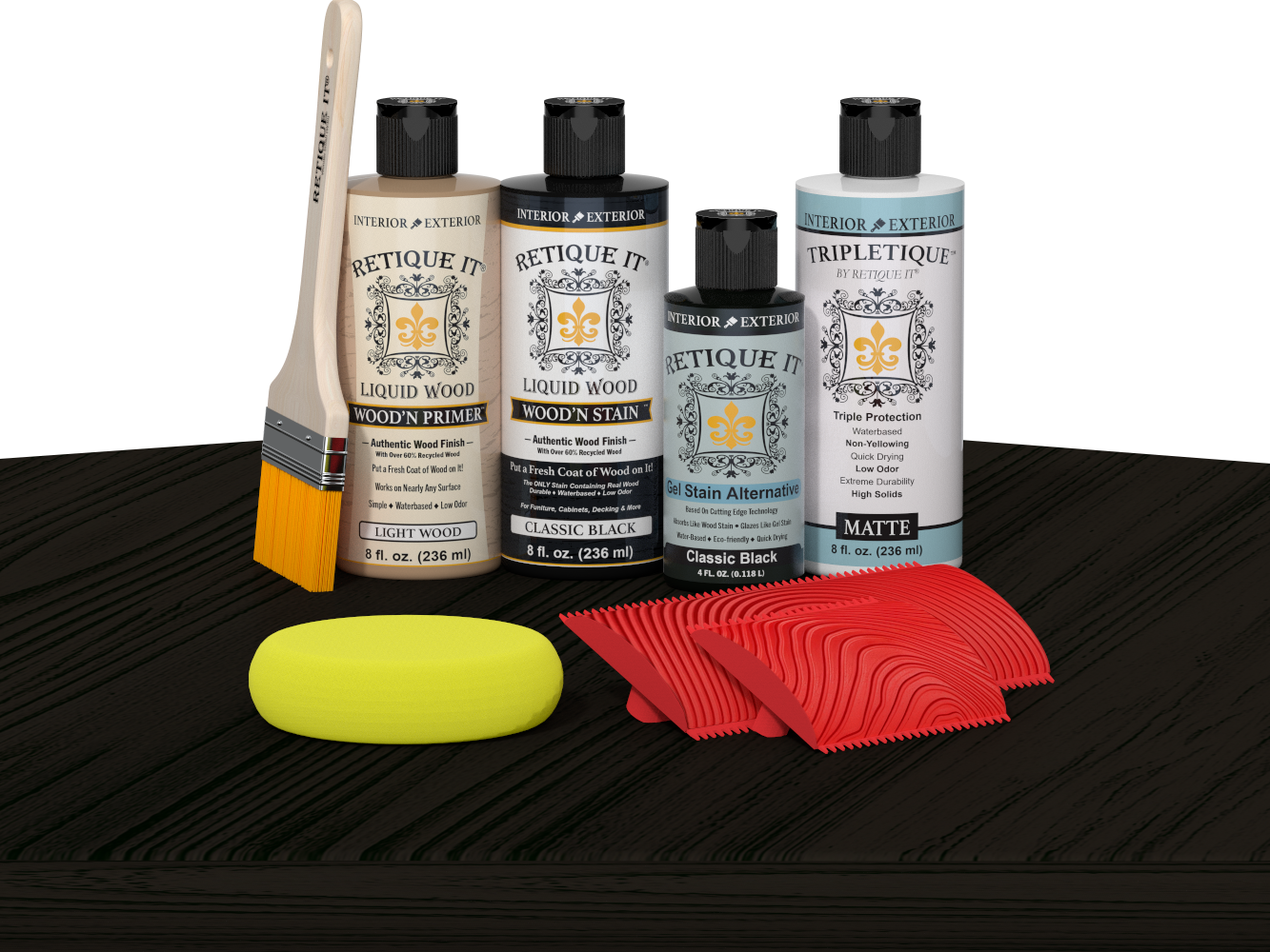 Retique It® Wood'n Finish Kit in Classic Black stain shown on table surface for woodworking and furniture finishing.