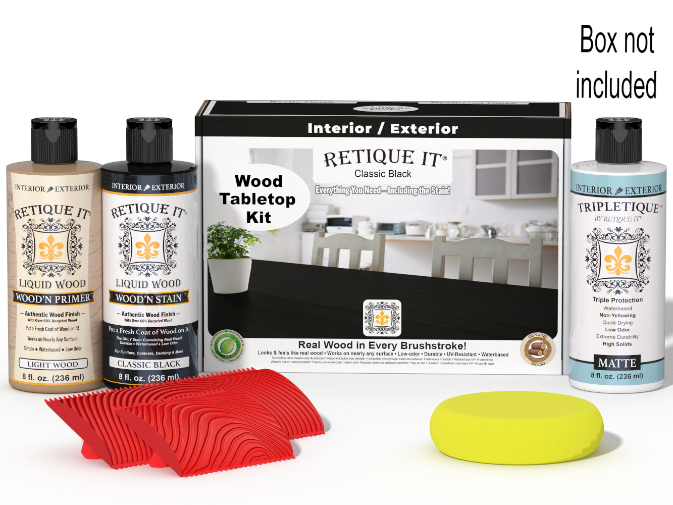 Retique It® Wood'n Finish Kit in Classic Black with stain bottles and applicator on a tabletop surface.