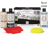 Retique It® Wood'n Finish Kit in Classic Black with stain bottles and applicator on a tabletop surface.