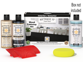 Retique It® Wood'n Finish Kit in Classic Black with stain bottles and applicator on a tabletop surface.