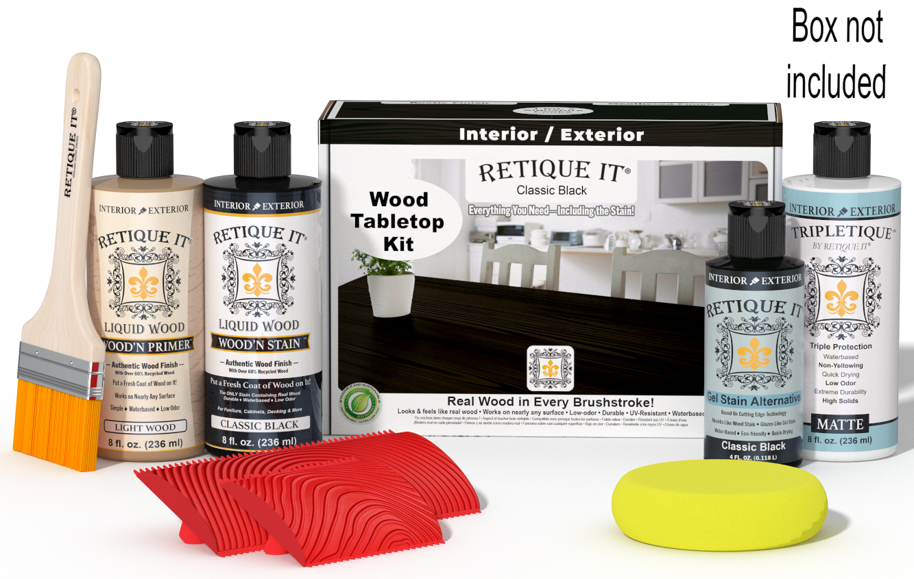Retique It® Wood'n Finish Kit Classic Black stain for tabletops, shown in a box with application tools and sample wood surface.