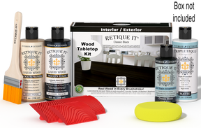 Retique It® Wood'n Finish Kit Classic Black stain for tabletops, shown in a box with application tools and sample wood surface.