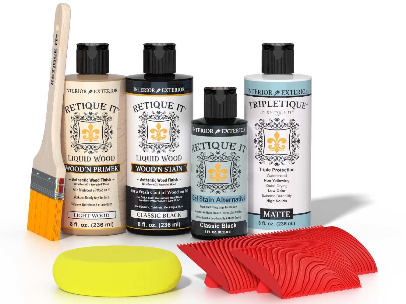 Retique It® Wood'n Finish Kit in Classic Black for interior wood projects, featuring a top coat for a smooth, professional finish.