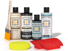 Retique It® Wood'n Finish Kit in Classic Black for interior wood projects, featuring a top coat for a smooth, professional finish.