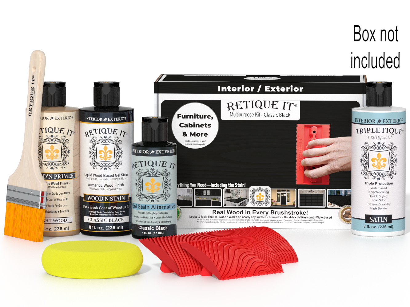 Retique It furniture care kit with bottles, a brush, and a box on a white background