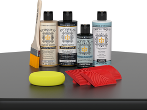 Retique It® Wood'n Finish Kit in classic black, interior top coat applied to a wooden table, showing smooth, sleek black finish.