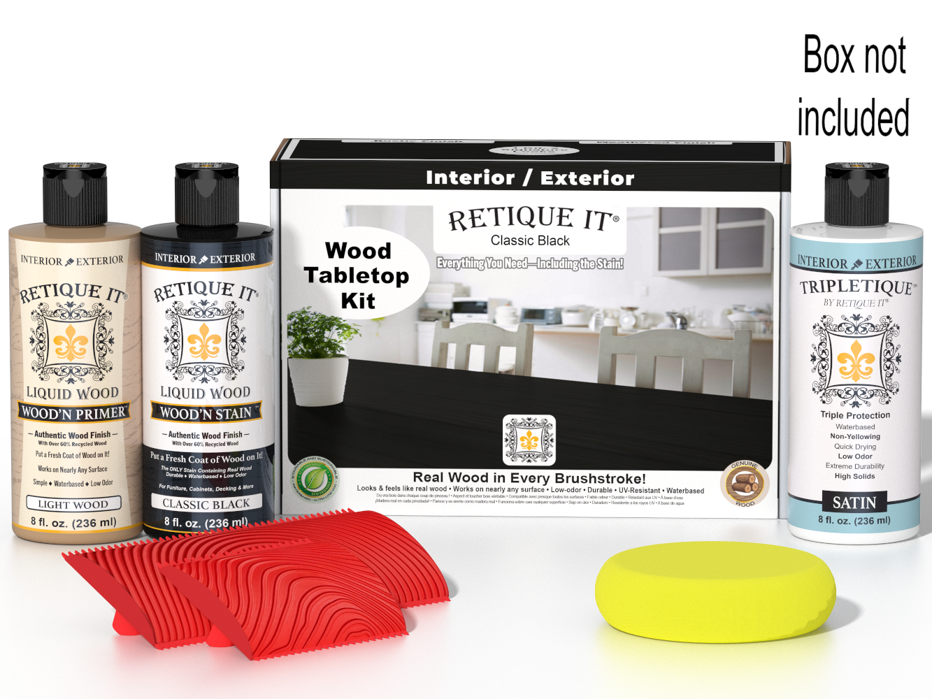 Retique It® Wood'n Finish Kit in Classic Black stain, featuring a tabletop with a wood finish and black stain application.
