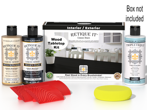 Retique It® Wood'n Finish Kit in Classic Black stain, featuring a tabletop with a wood finish and black stain application.