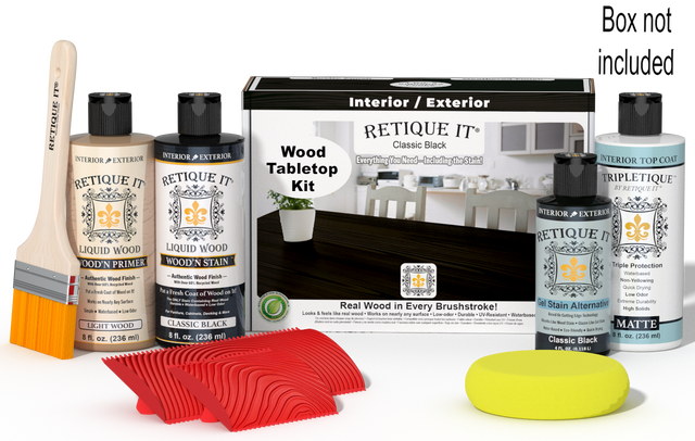Retique It Wood'n Finish Kit in Classic Black, stain set for tabletop wood finishing, includes stain and application tools.