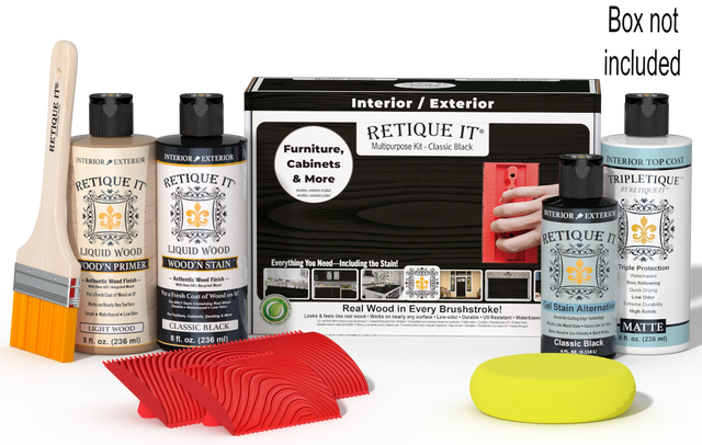 Retique It Wood'n Kit Classic Black interior top coat with applicator and wood finish supplies in a box.