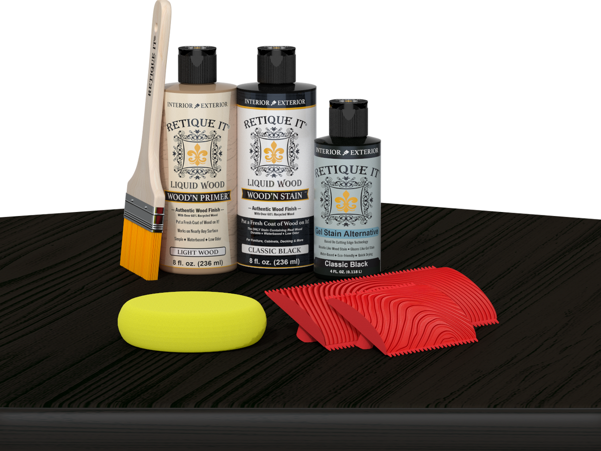Retique It Fireplace Mantel Wood'n Finish Kit in Classic Black stain, shown on a table with wood grain detail.