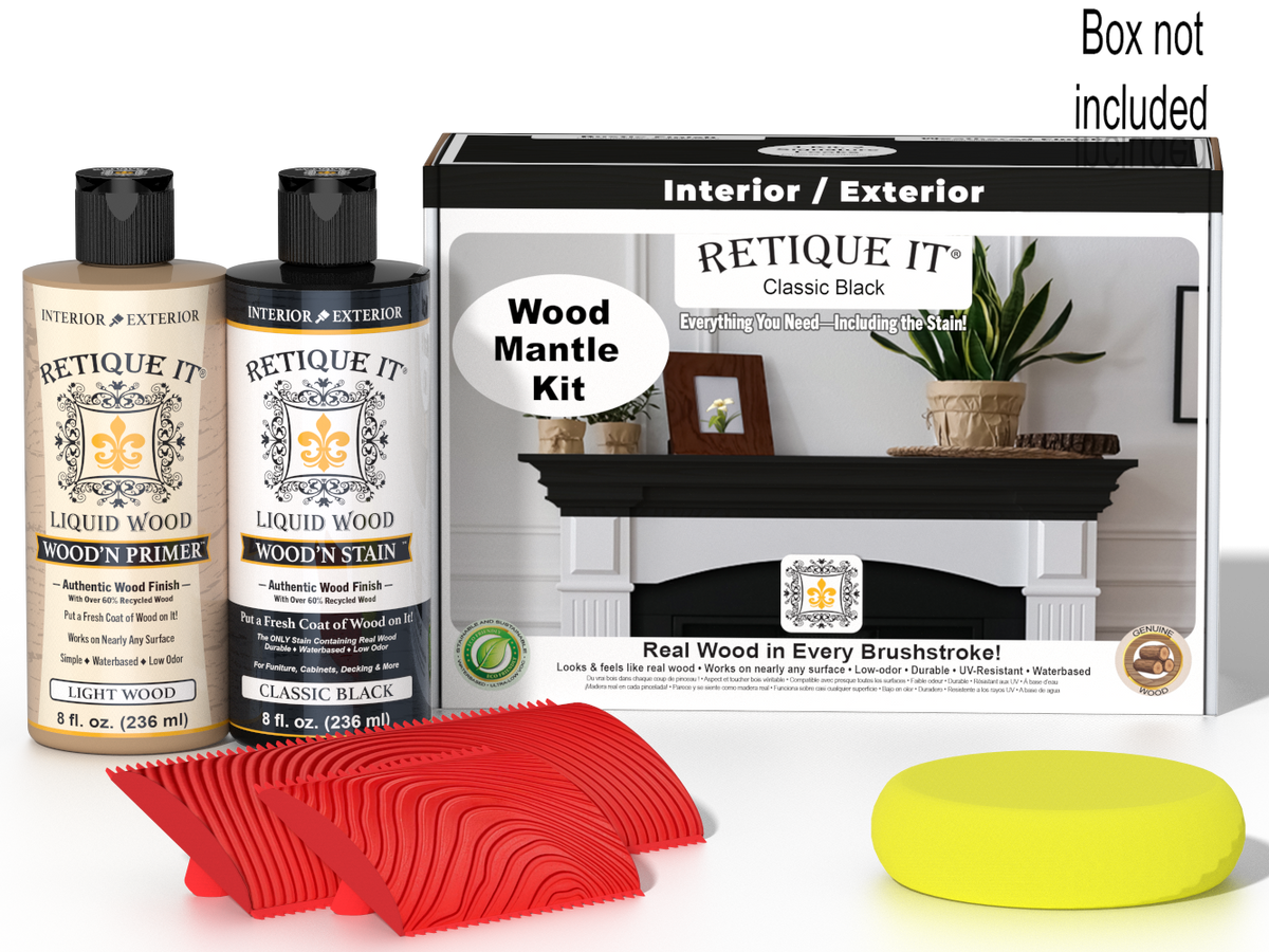 Retique It® Wood'n Finish Kit for fireplace mantel in classic black, featuring stain products and application tools.