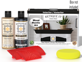 Retique It® Wood'n Finish Kit for fireplace mantel in classic black, featuring stain products and application tools.