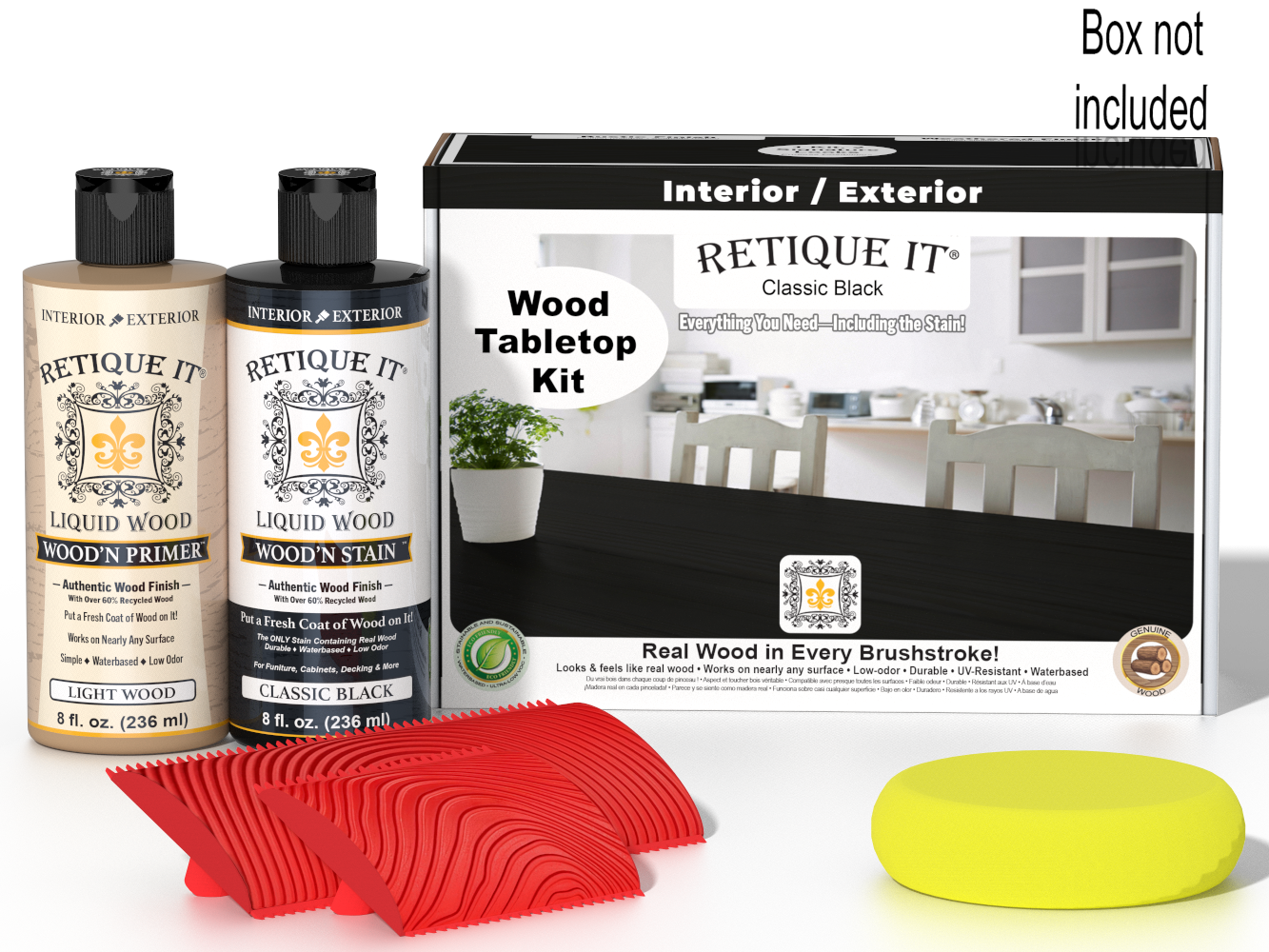 Retique It® Wood'n Finish Kit in Classic Black stain for tabletops, includes stain box and application tools.