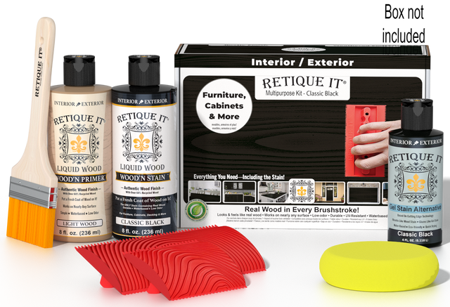 Retique It Wood'n Finish Kit in Classic Black with applicator brush and wood stain products, designed for multi-purpose woodworking projects.