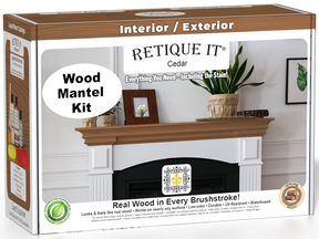 Retique It® Cedar Wood'n Finish Kit for fireplace mantels, includes stain and application tools, showcasing the finished cedar wood mantel.