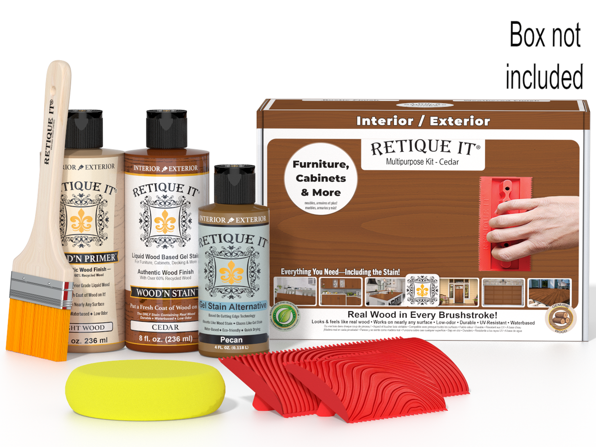 Retique It furniture care products including bottles, a brush, and a box on a white background.