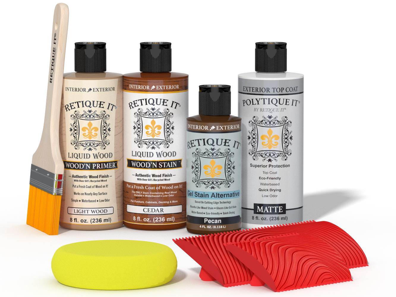 Retique It® Wood'n Finish Kit in cedar color, exterior top coat for multi-purpose wood projects, displayed in a palette with application tools.