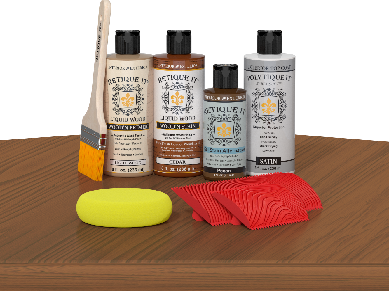 Retique It® Wood'n Finish Kit in cedar, a multi-purpose exterior top coat shown on a table for wood finishing projects.