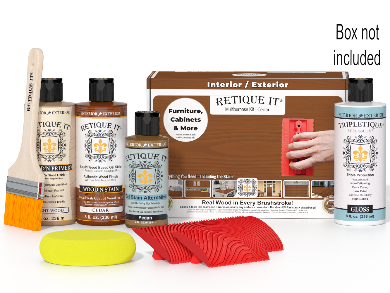 Retique It® Wood'n Kit Cedar interior top coat set with wood finish bottles in a box, designed for multi-purpose wood finishing projects.