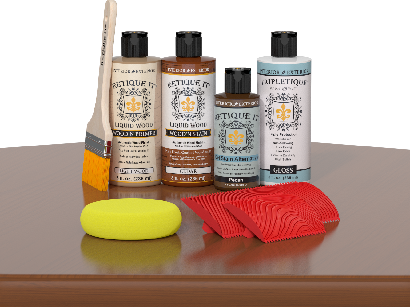 Retique It® Wood'n Finish Kit in Cedar for interior top coat, showing a table with wood finish application and kit components.