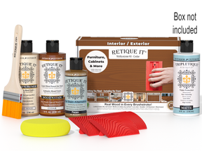 Retique It® Wood'n Finish Kit in cedar for interior wood projects, includes top coat and application tools in a compact box.