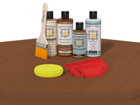 Retique It® Wood'n Finish Kit cedar interior top coat applied on a table surface, showcasing a smooth, natural wood finish.