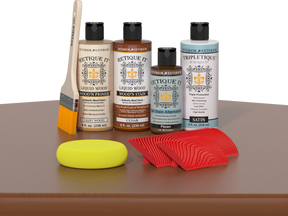 Retique It® Wood'n Kit cedar interior top coat applied on table with wood finish and protective layer, showcasing natural wood grain.