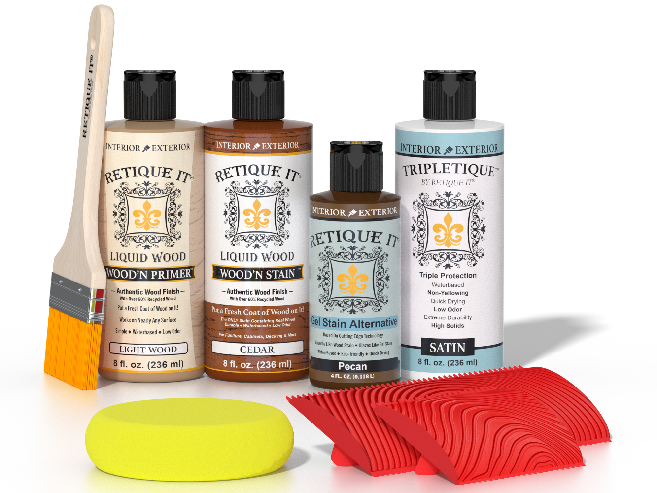 Retique It® Wood'n Kit Cedar interior top coat with natural wood finish and multi-purpose wood finishing tools.