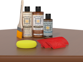 Retique It® Cedar Wood'n Finish Kit for fireplace mantels, featuring wood stain applied to a wooden mantel surface.