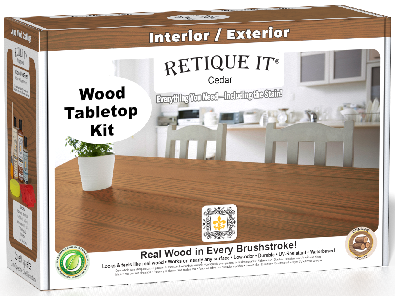 Retique It® Cedar Wood Tabletop Kit retail box featuring a Cedar wood tabletop finish and kitchen scene.