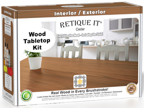Retique It® Cedar Wood Tabletop Kit retail box featuring a Cedar wood tabletop finish and kitchen scene.