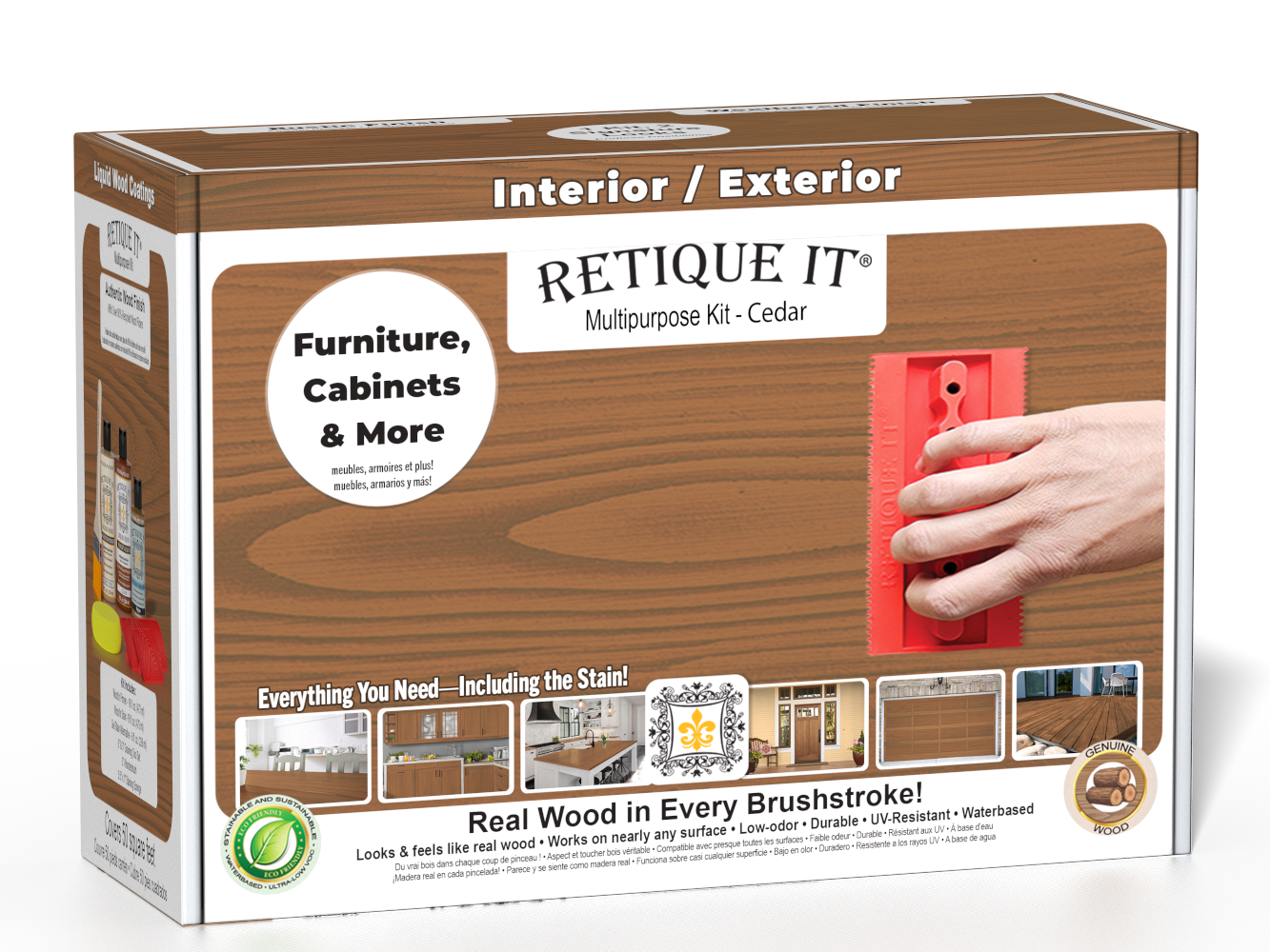 Retique It® Cedar Multipurpose Kit box featuring a wood grain finish, application tool, and project examples for furniture, cabinets, doors, decks, and more.