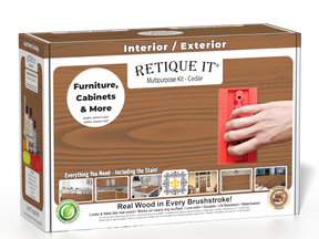 Retique It® Cedar Multipurpose Kit box featuring a wood grain finish, application tool, and project examples for furniture, cabinets, doors, decks, and more.