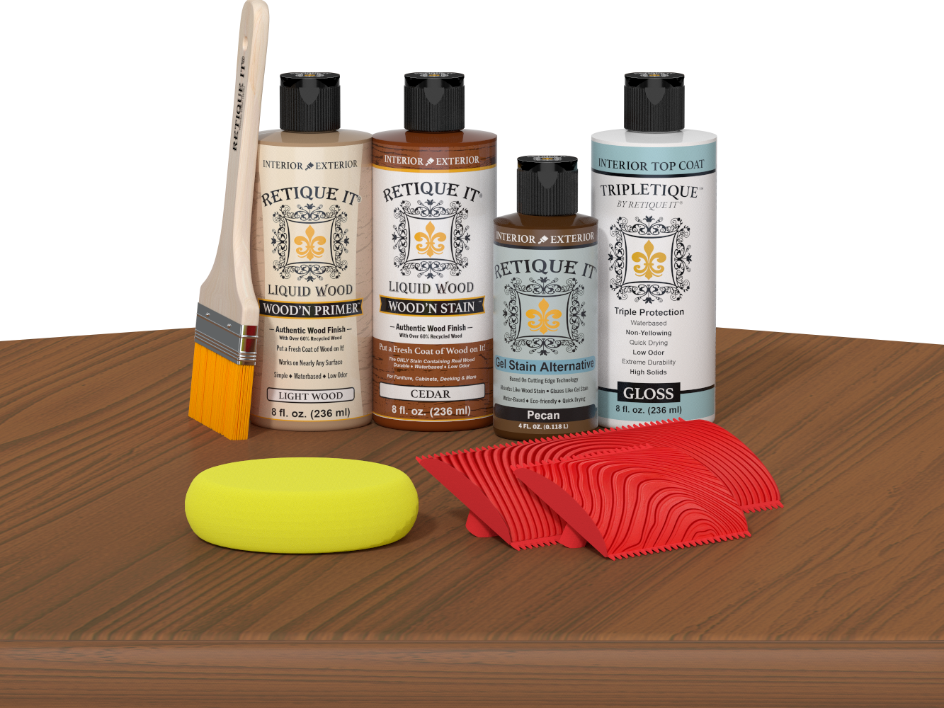 Retique It® Cedar Wood'n Kit with Light Wood primer, Cedar stain, Pecan gel stain alternative, Gloss Tripletique® Top Coat, brush, red graining tool, and yellow sponge.