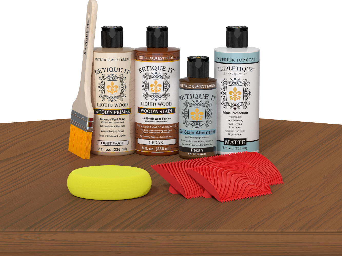 Retique It® Cedar Wood'n Kit with Light Wood primer, Cedar stain, Pecan gel stain alternative, Matte Tripletique® Top Coat, brush, red graining tool, and yellow sponge.